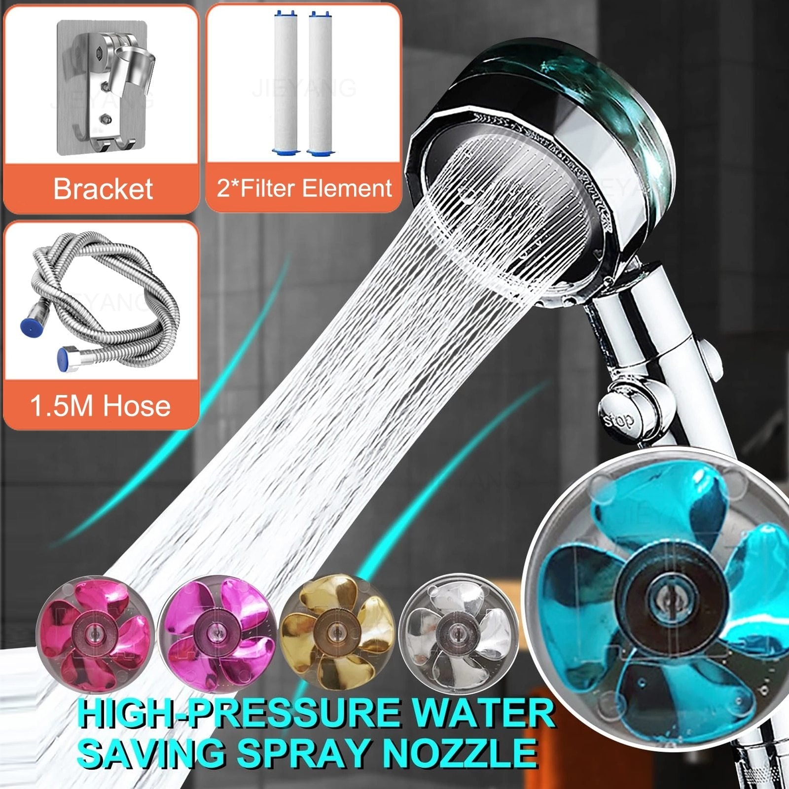 360° Shower Boost Turbo High Pressure Fan Shower Head Mounting Bracket and Hose Included!! - Sterl Silver