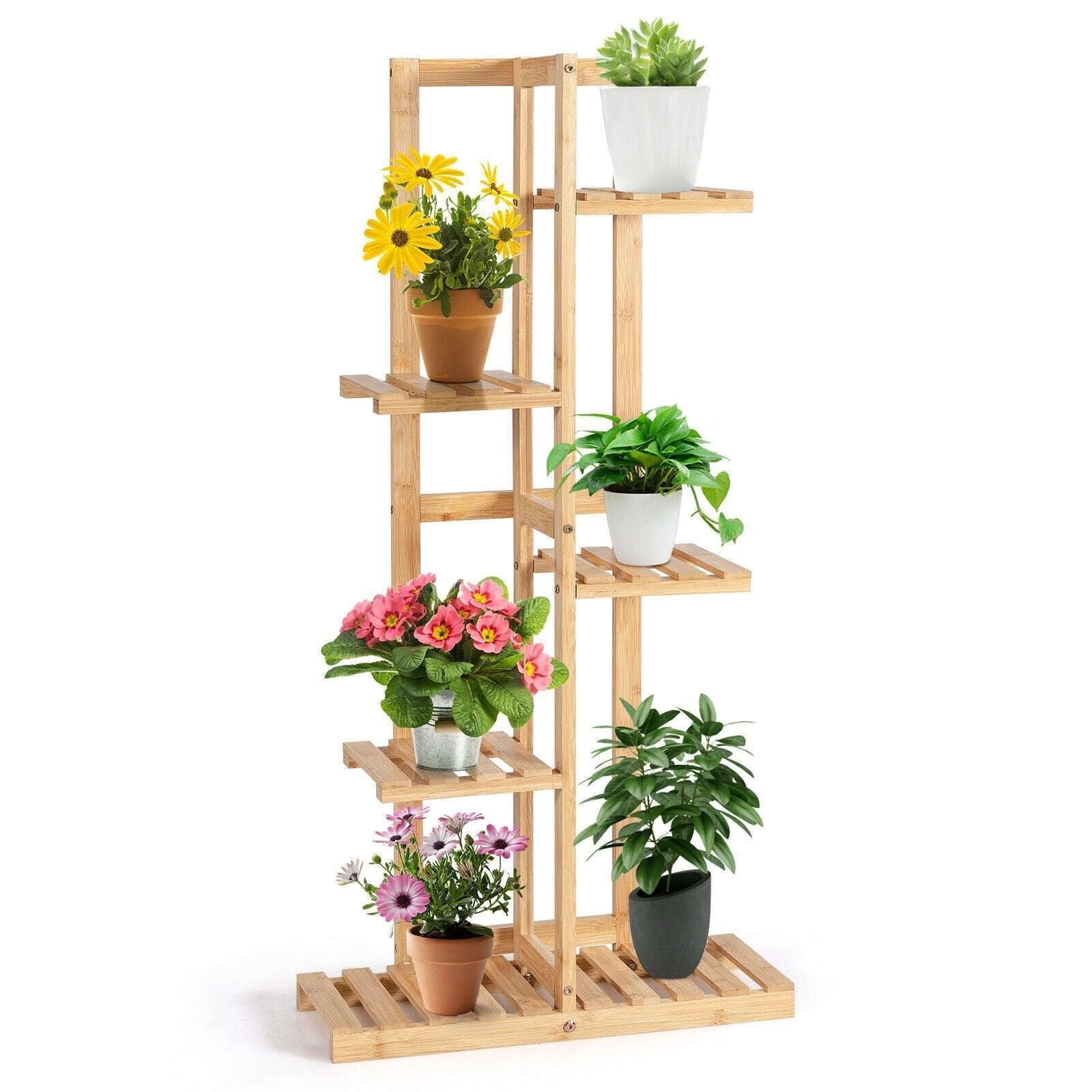 Costway 6 Potted 5 Tier Plant Stand Rack Bamboo Display Shelf for Patio Yard - Sterl Silver