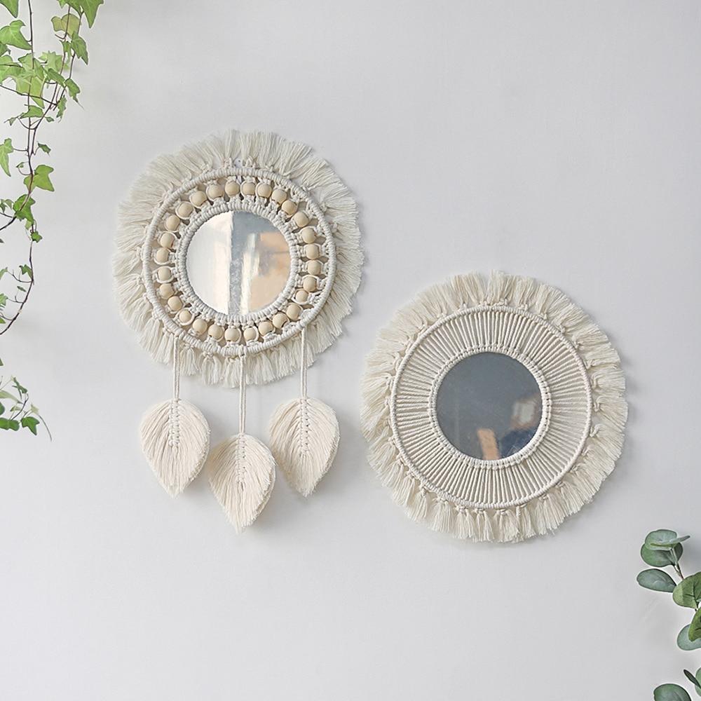 Round Macrame Mirror Decorative Wall Mirrors Boho Home Decor - Sterl Silver