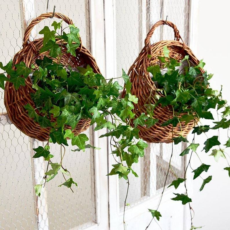 Wall-Mounted Wicker Flower Basket Handmade Rattan Flower Hanging Planter - Sterl Silver